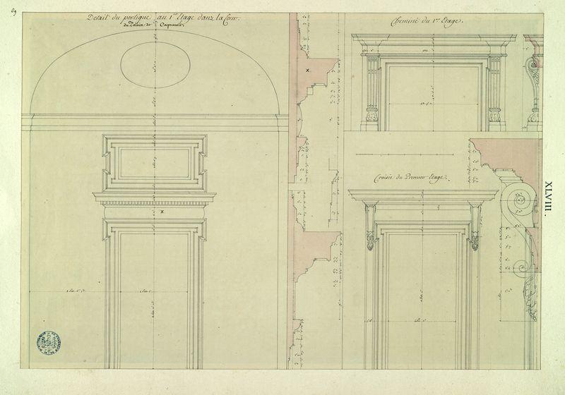 Palais de Caprarola, élévations et profils : détail du portique du 1er étage dans la cour cheminée et croisée du 1er étage_0