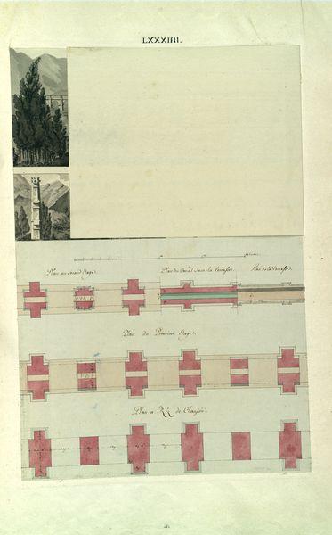 Plans aux différents étages, coupe et élévation de l'aqueduc de Caserte_0