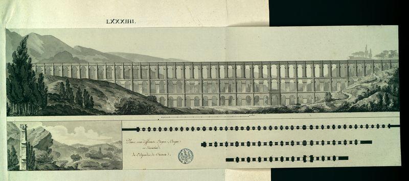 Plans aux différents étages, coupe et élévation de l'aqueduc de Caserte_1