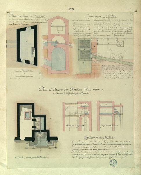Conduites et réservoirs d'eau pour l'approvisionnement de Rome : plan et coupe du château d'eau situé à l'extrémité de la rue Julia près du pont Sixte_0