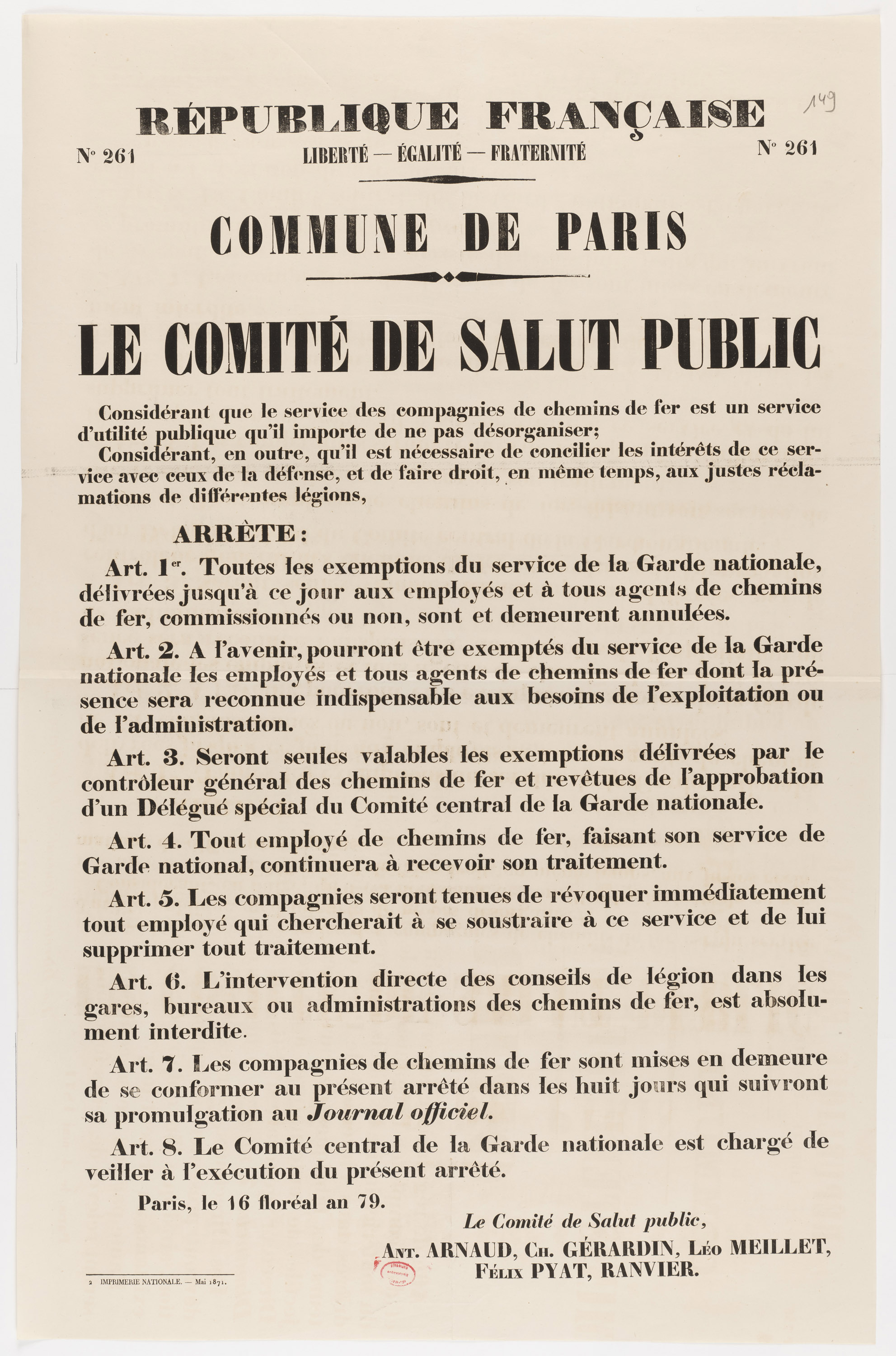 No 261. Commune de Paris. Le Comité de Salut public. [Considérant que le service des compagnies de chemins de fer est un service d'utilité publique...]. Mai 1871._0