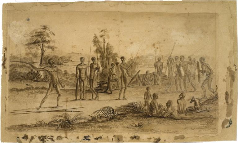 Hommes s'exerçant avec des lances en Nouvelle-Hollande (Australie), Charles Alexandre Lesueur, 1801-1803
