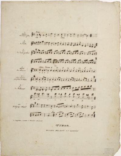 Musique malaise et chinoise - 1 : Ronde des Jeunes filles - 2 : Air de Danse - 3 : Air de Danse guerrière - 4 : Chant des rameurs - 5 : Même chant en précipitant la mesure - 6 : Cri de ralliement - 7 : Air Religieux Chinois, Charles Alexandre Lesueur, 1800-1804