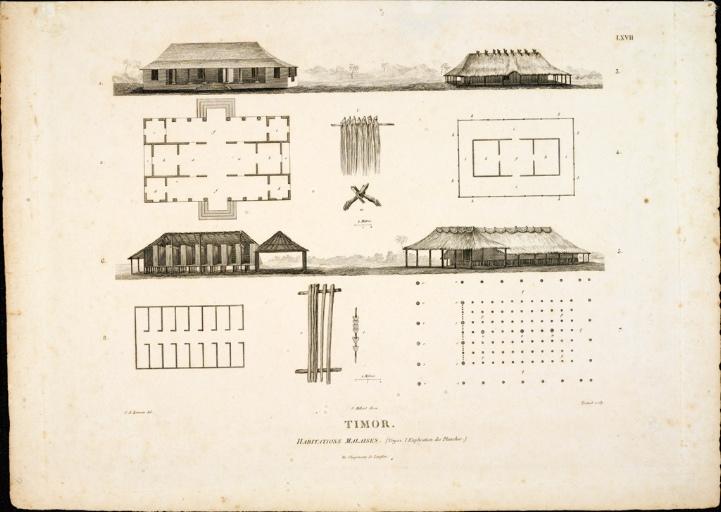 LXVII - Timor - Habitations malaises (voyez l'explication des planches) - (échelle de 2 mètres), Charles Alexandre Lesueur, 1804-1808