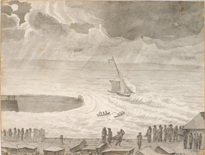 Un bateau en difficulté à l'entrée du port du Havre, Charles Alexandre Lesueur, 1ère moitié 19e siècle