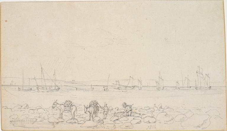 Ramassage d'argile ou de galets sur la plage du Havre à marée basse, Charles Alexandre Lesueur, 1814