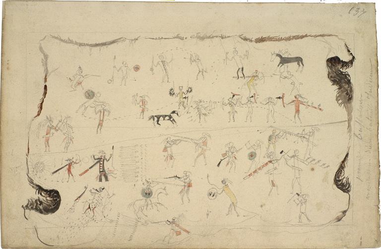 Peau de buffalow avec dessins d'une bataille Indienne, Charles Alexandre Lesueur