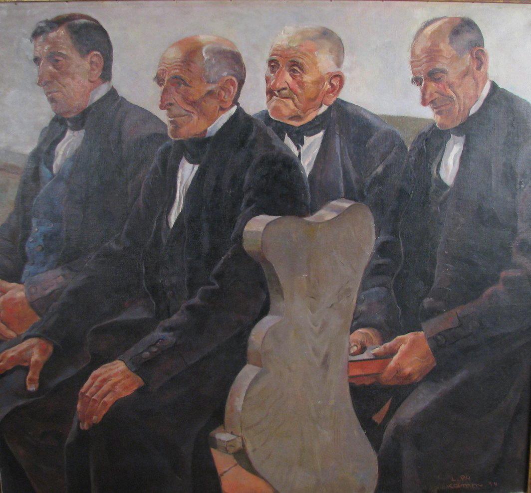 Quatre paysans dans l'église d'Oberseebach (titre d'usage), Louis Philippe Kamm, 1934