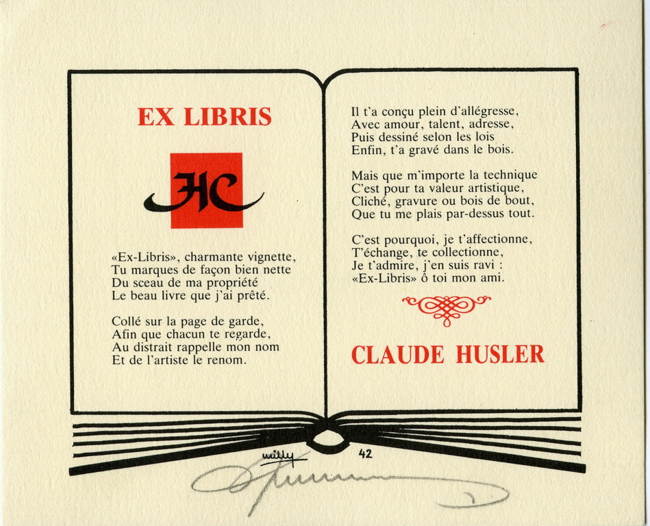 EX LIBRIS CLAUDE HUSLER (titre inscrit), Willy Braspennincx, 1986