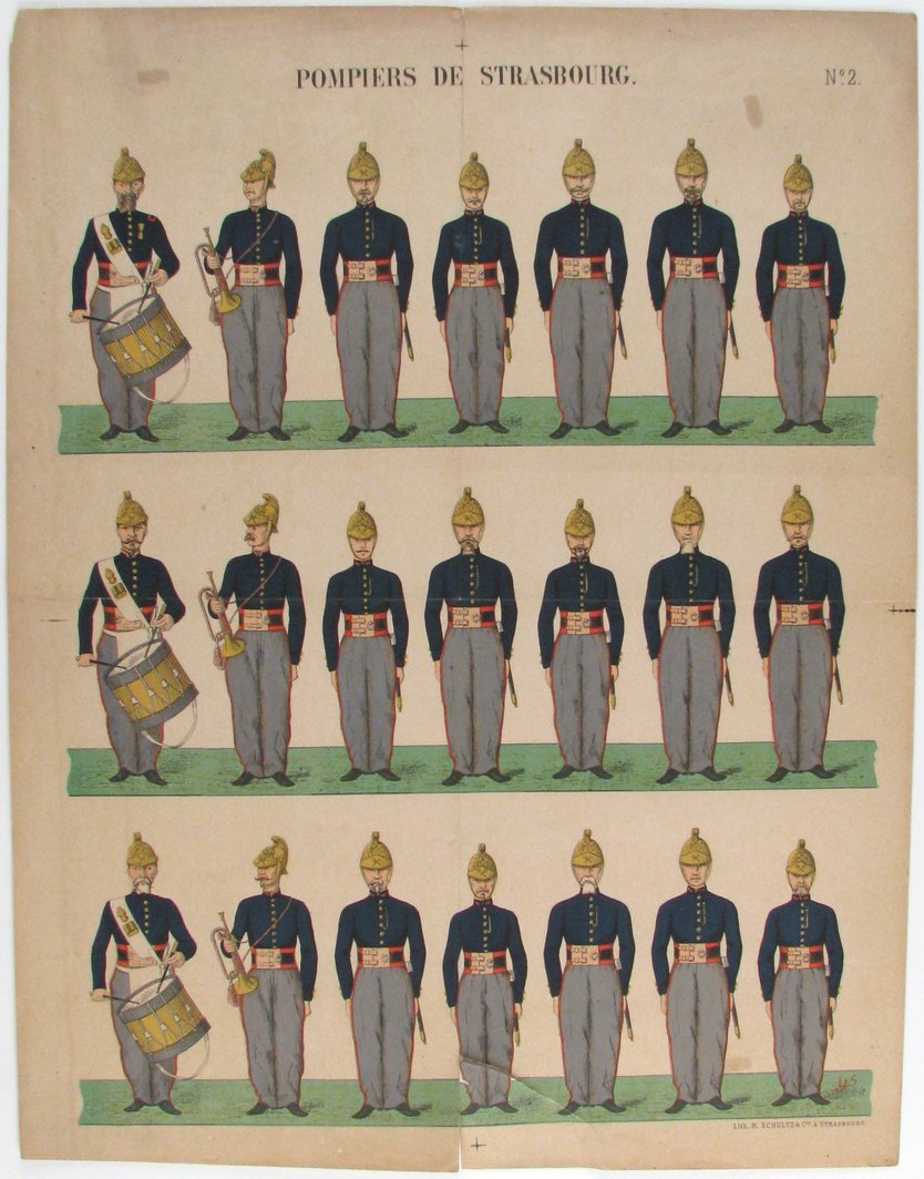 planche de petits pompiers de Strasbourg, N°2, 1883 (titre factice) ; Pompiers de Strasbourg (titre inscrit), Gustave Adolphe Seyboth, 1883 après
