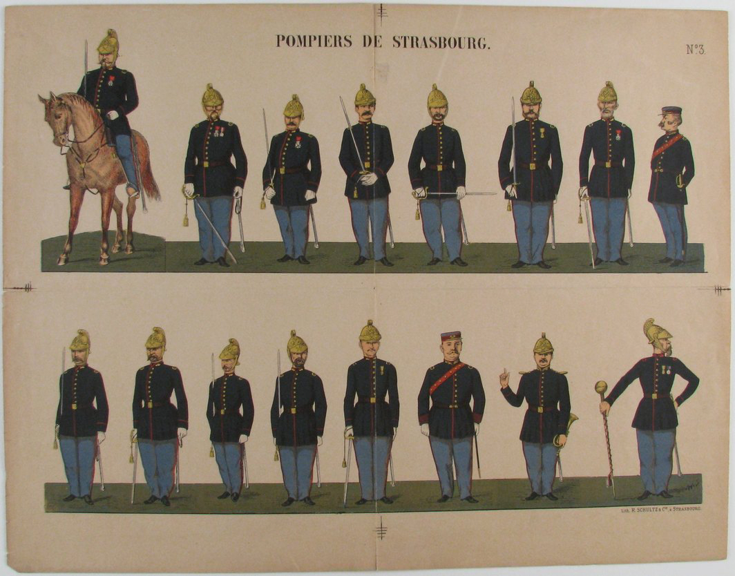 planche de petits pompiers de Strasbourg, N°3, 1883 (titre factice) ; Pompiers de Strasbourg (titre inscrit), Gustave Adolphe Seyboth, 1883 après