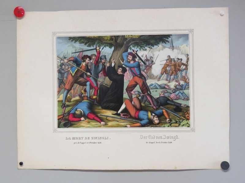 LA MORT DE ZWINGLI. près de Cappel, le 11 octobre 1530. (titre inscrit, français, allemand), Jean Frédéric Wentzel, 1865-1869