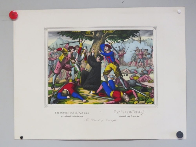 LA MORT DE ZWINGLI. près de Cappel, le 11 octobre 1530. (titre inscrit, français, anglais, allemand), Jean Frédéric Wentzel, 1865-1869
