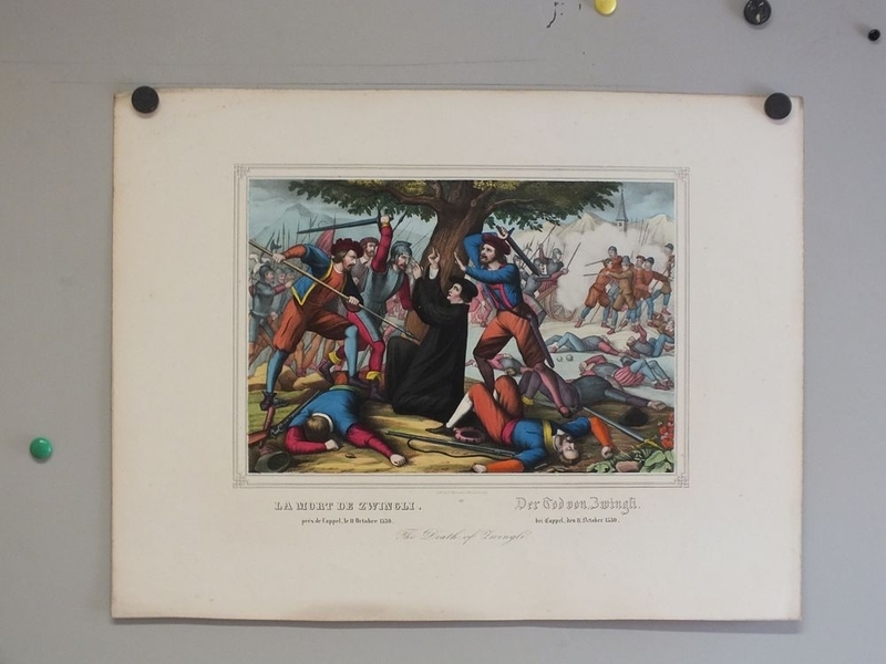 LA MORT DE ZWINGLI. près de Cappel, le 11 Octobre 1530. (titre inscrit, français, anglais, allemand), Jean Frédéric Wentzel, 1865-1869