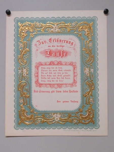 Zur Erinnerung an die heilige Taufe (titre inscrit, allemand) ; En mémoire du saint baptême (titre traduit), Camille Burckardt, 1880-1888