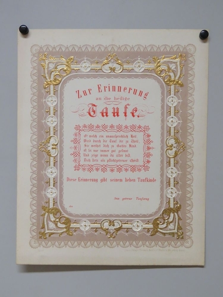 Zur Erinnerung an die heilige Taufe (titre inscrit, allemand) ; En mémoire du saint baptême (titre traduit), Camille Burckardt, 1880-1888