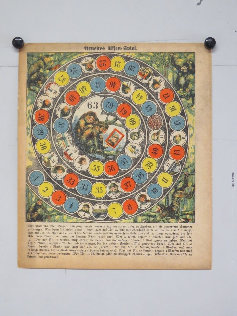 Neuestes Affen-Spiel. (titre inscrit, allemand) ; Nouveau jeu de singes (titre traduit), 4e quart 19e siècle, 1er quart 20e siècle