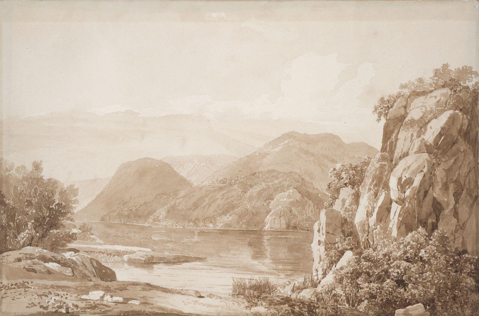 Paysage de lac entouré de rochers, David Ortlieb, 1850-1875