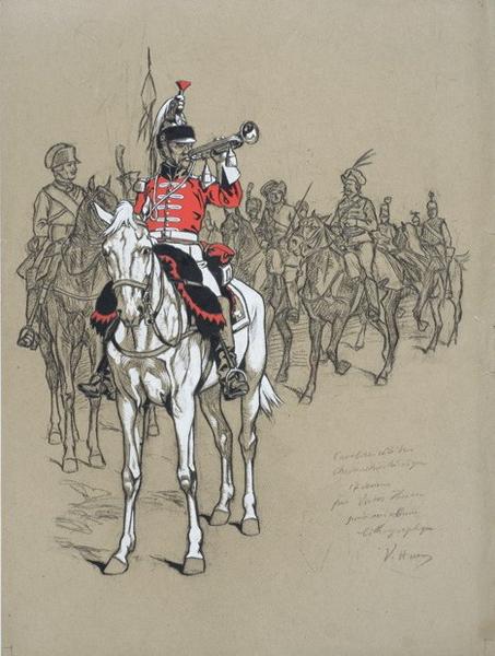 Cavaliers célèbres - chevauchées héroïques : Page-titre de l'album lithographique, Victor Huen, 1908 vers