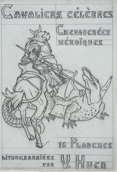 Cavaliers célèbres - chevauchées héroïques : Frontispice de l'album lithographique, Victor Huen, 1908 vers