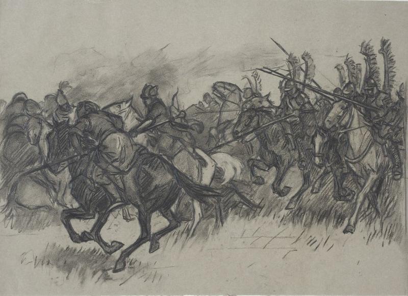 Cavaliers polonais du Roi Jean Sobiesdi sous les murs de Vienne (12.IX.1683) (dessin préparatoire, projet final), Victor Huen, 1908 (?)