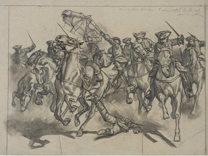 Charge de cavaliers français à la bataille de Fontenoy (11 mai 1745) ; La maison du Roy à Fontenoy (titre ancien), Victor Huen, 1908 (?)
