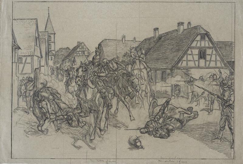 Charge du 9e cuirassiers dans le village de Morsbronne. Bataille de Freschwiller (6 août 1870), Victor Huen, 1908 (?)