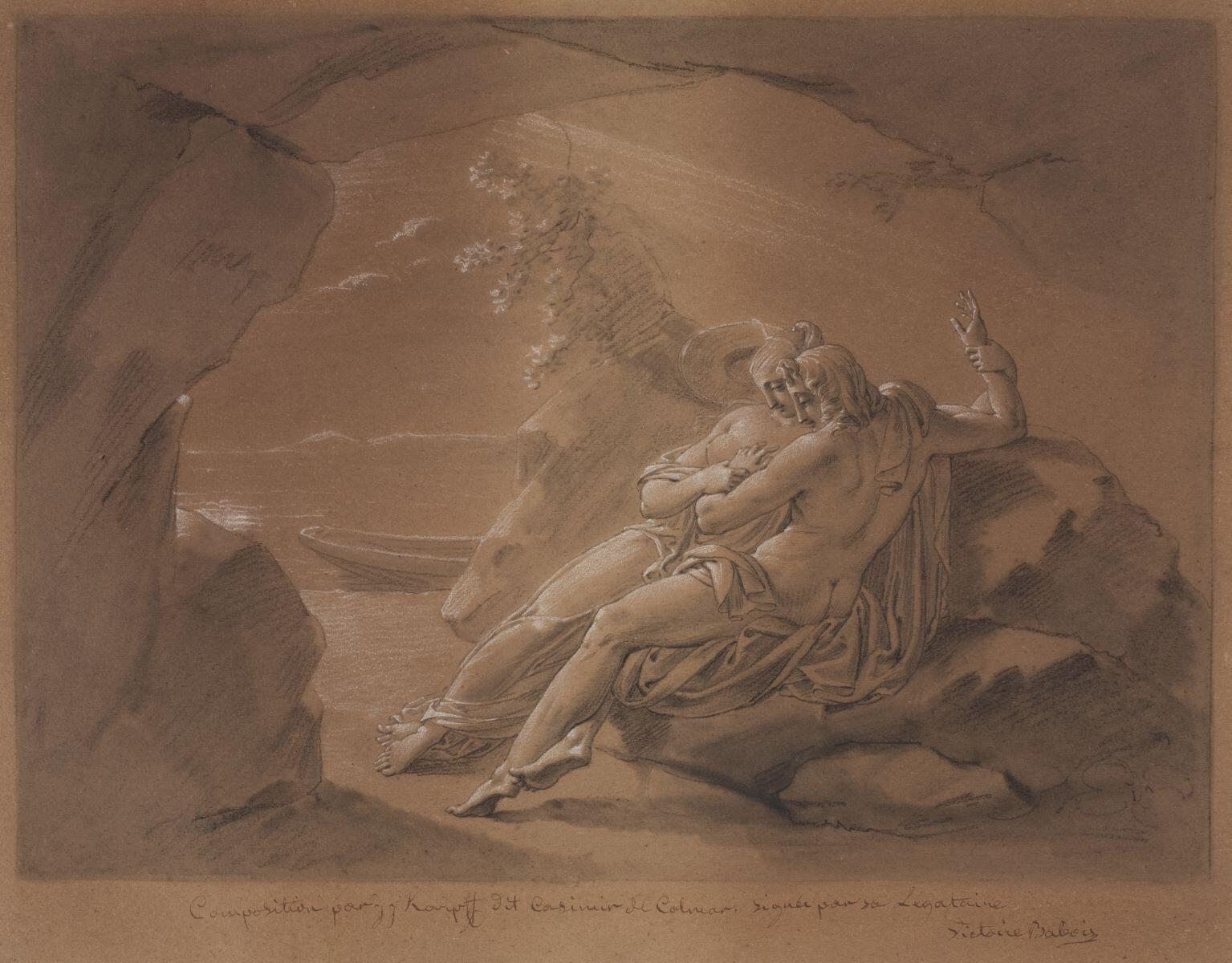 Scène mythologique : couple dans une grotte, au loin une barque, Jean-Jacques Karpff
