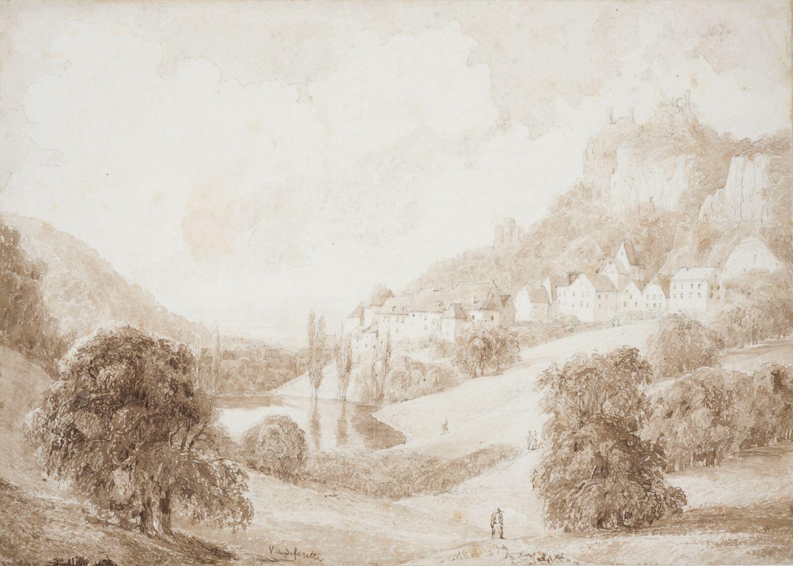 Paysage avec vue de la ville de Ferrette (titre moderne) ; Ville de Ferrette (titre inscrit), David Ortlieb, 1839 achevé en