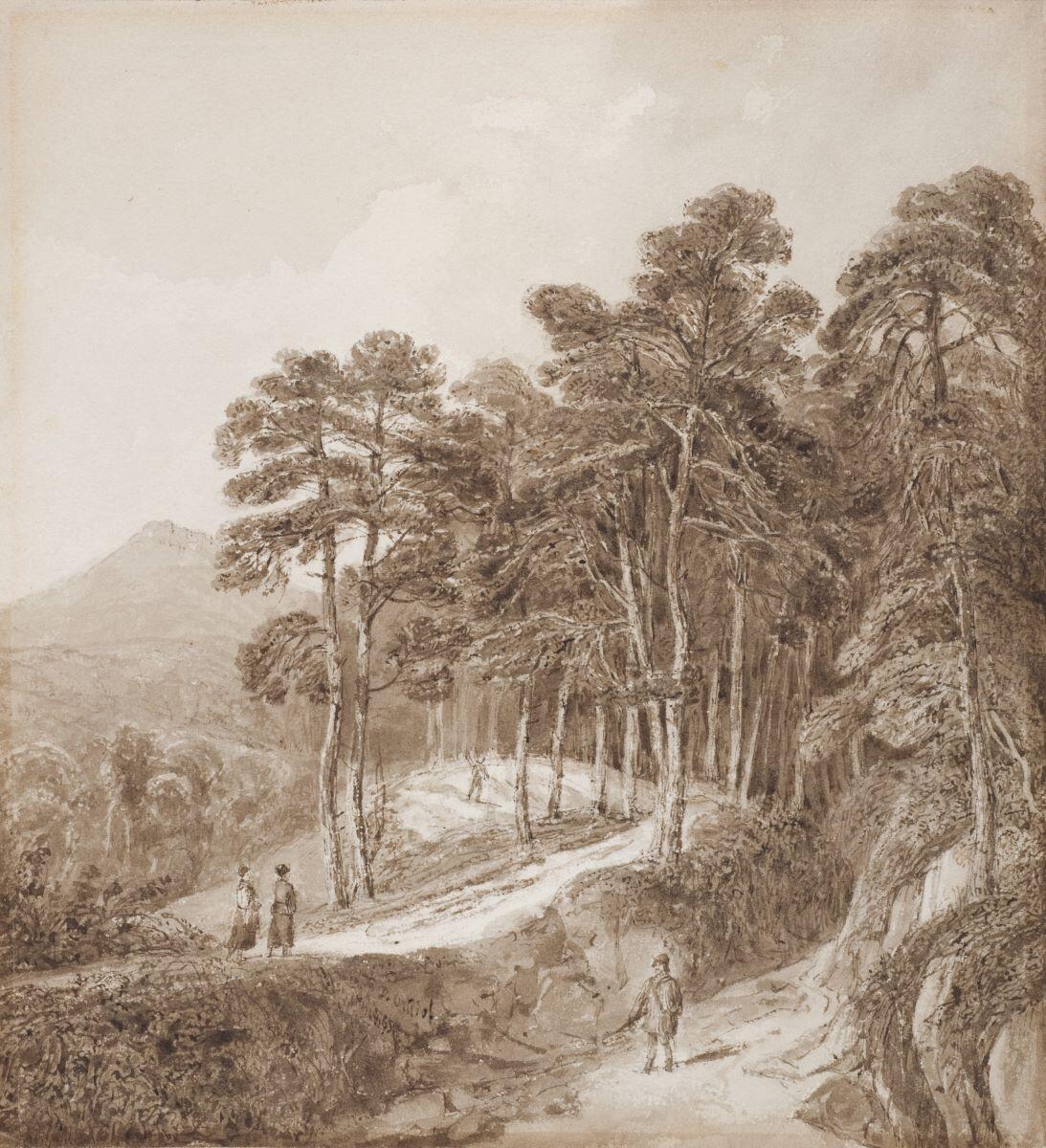 Paysage de montagne avec quatre personnages marchant, David Ortlieb, 1863 achevé en