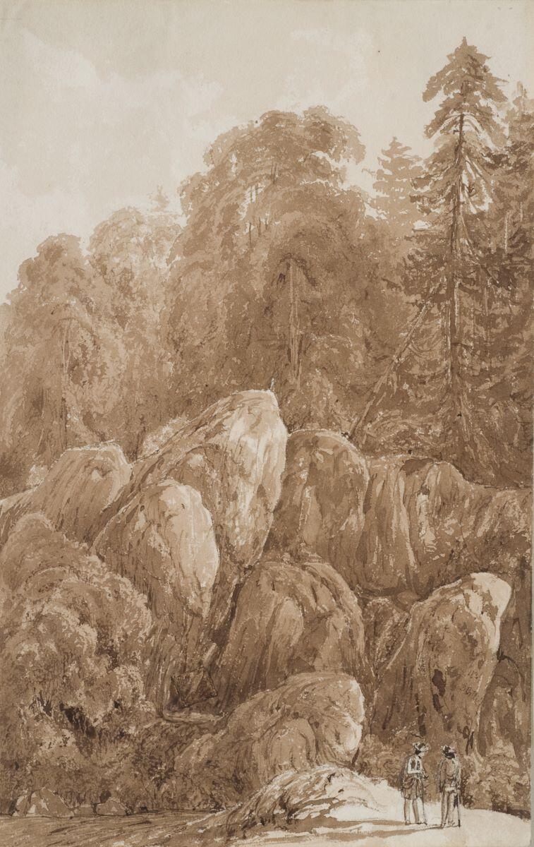 Paysage de montagne avec deux personnages en pied, David Ortlieb, 1849 achevé en