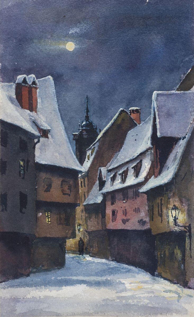 Vue d'une rue de Colmar sous la neige au clair de lune, Hansi, 1925 vers