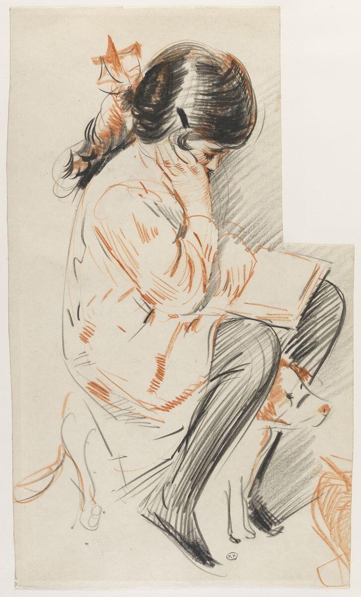 Ellen ou Paulette Helleu, lisant, assise sur un chien en peluche, Paul César Helleu, 1er quart 20e siècle