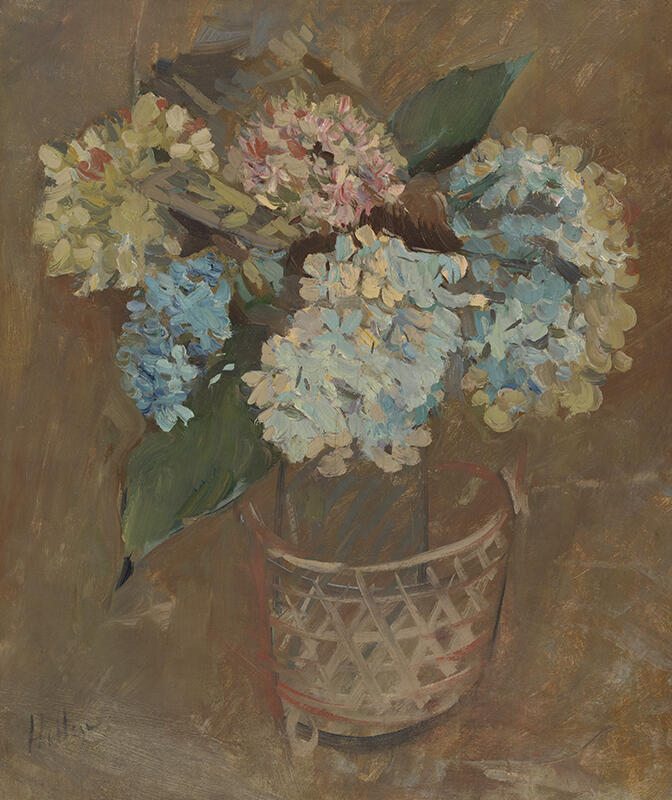 Vase d'hortensias dans un panier tressé, Paul César Helleu, 4e quart 19e siècle, 1er quart 20e siècle