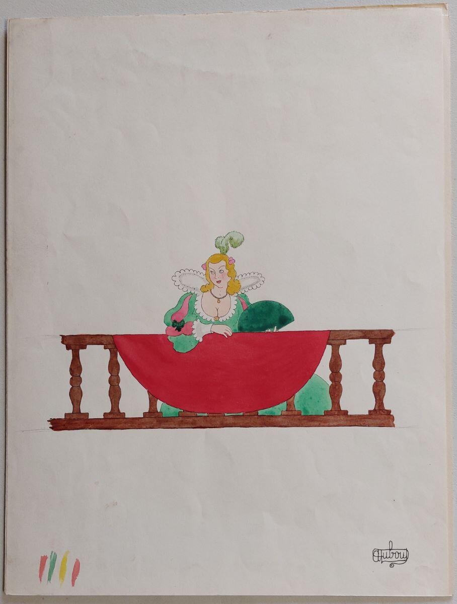 Illustration pour Cyrano de Bergerac : Roxane à la tribune du théâtre, Albert Dubout, 1947