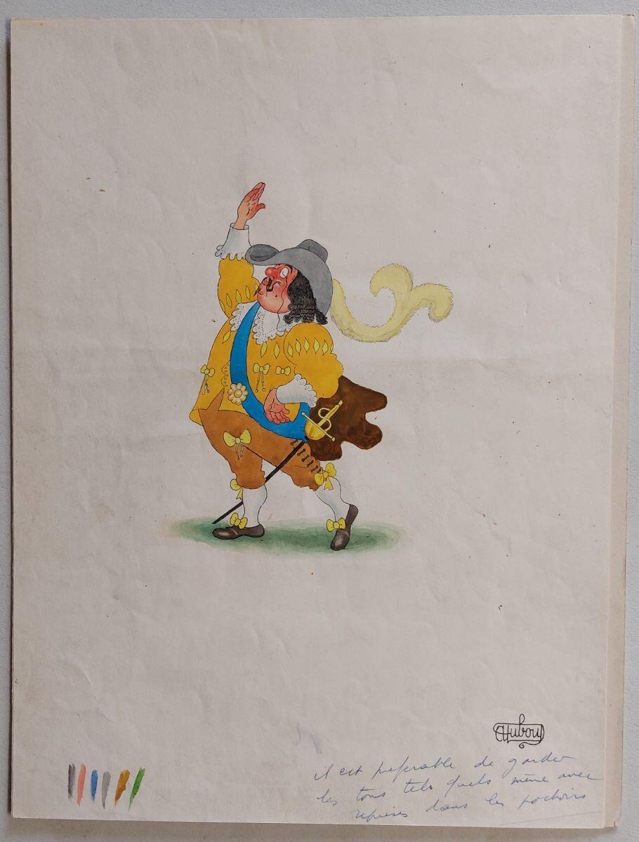 Illustration pour Cyrano de Bergerac : gros homme en habit jaune déclamant_0