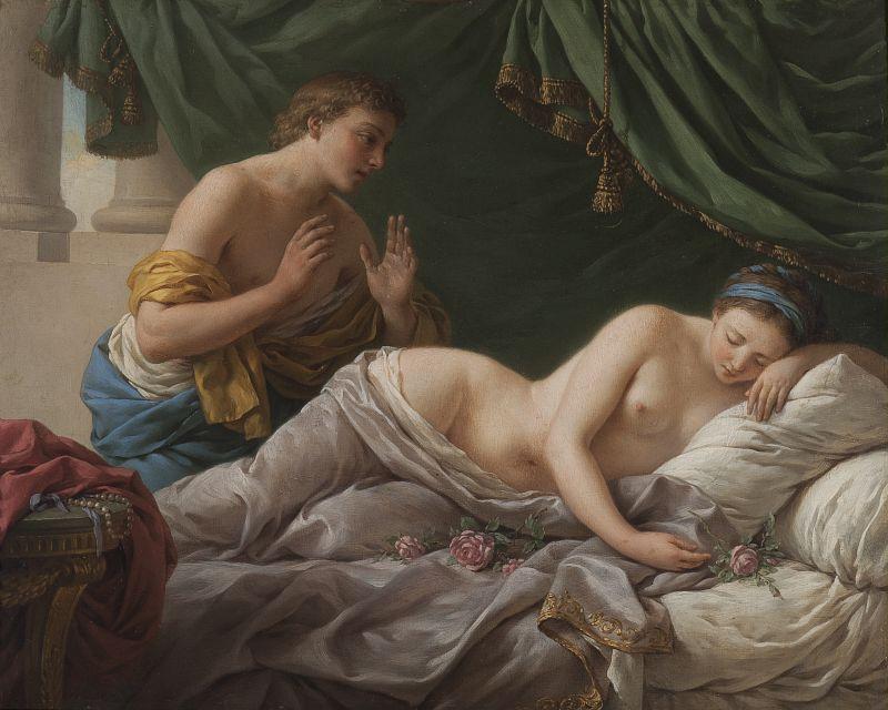 Jeune femme endormie sur un lit parsemé de roses_0