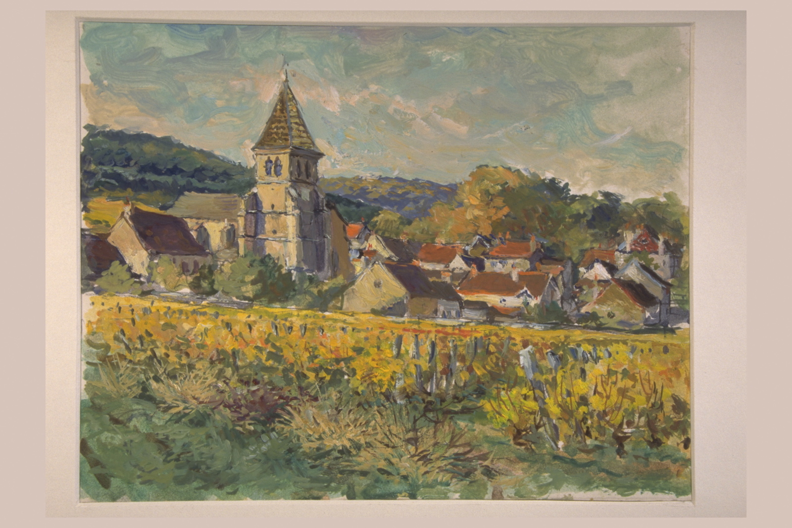 Brochon l’après-midi, clocher et vignes jaunes (titre inscrit, au verso), Jean François, 1956