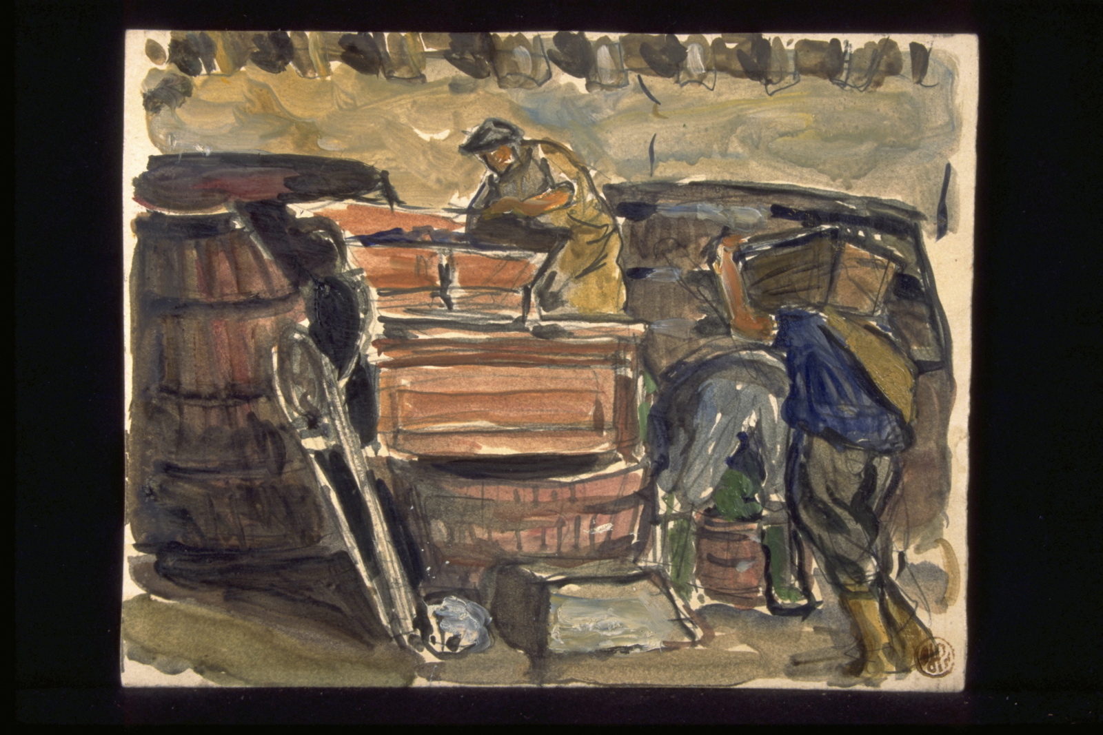 Automne cuverie, cylindrage et égrappage dans la cuverie (titre inscrit, au verso), Jean François, 1954