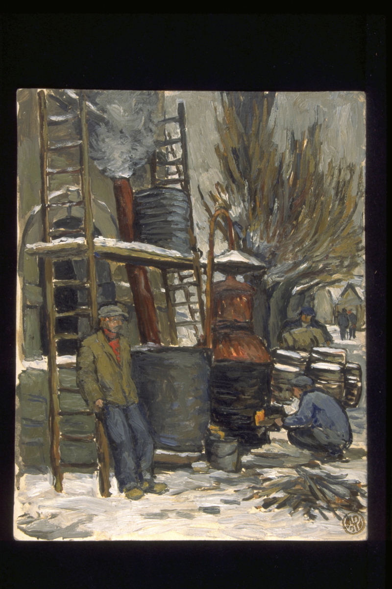 Hiver distillation, Distillation à Corcelles les Monts (titre inscrit, au verso), Jean François, 1953
