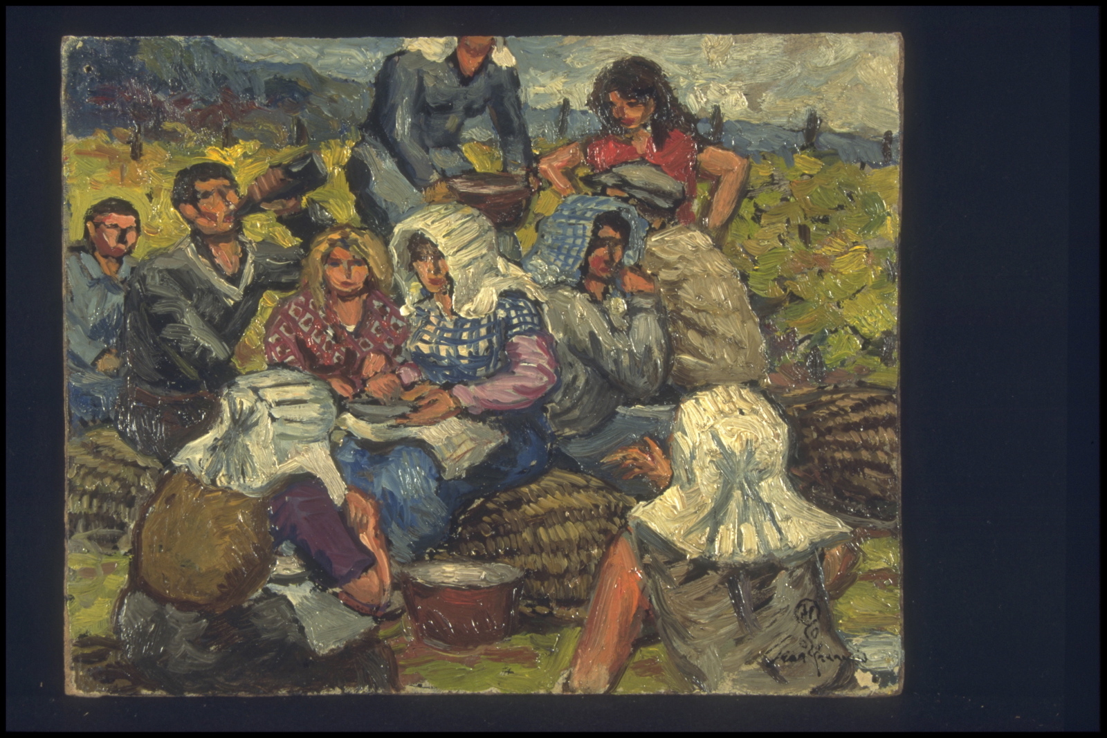 Automne vendanges, le repas de midi dans les vignes, la potée (titre inscrit, au verso), Jean François