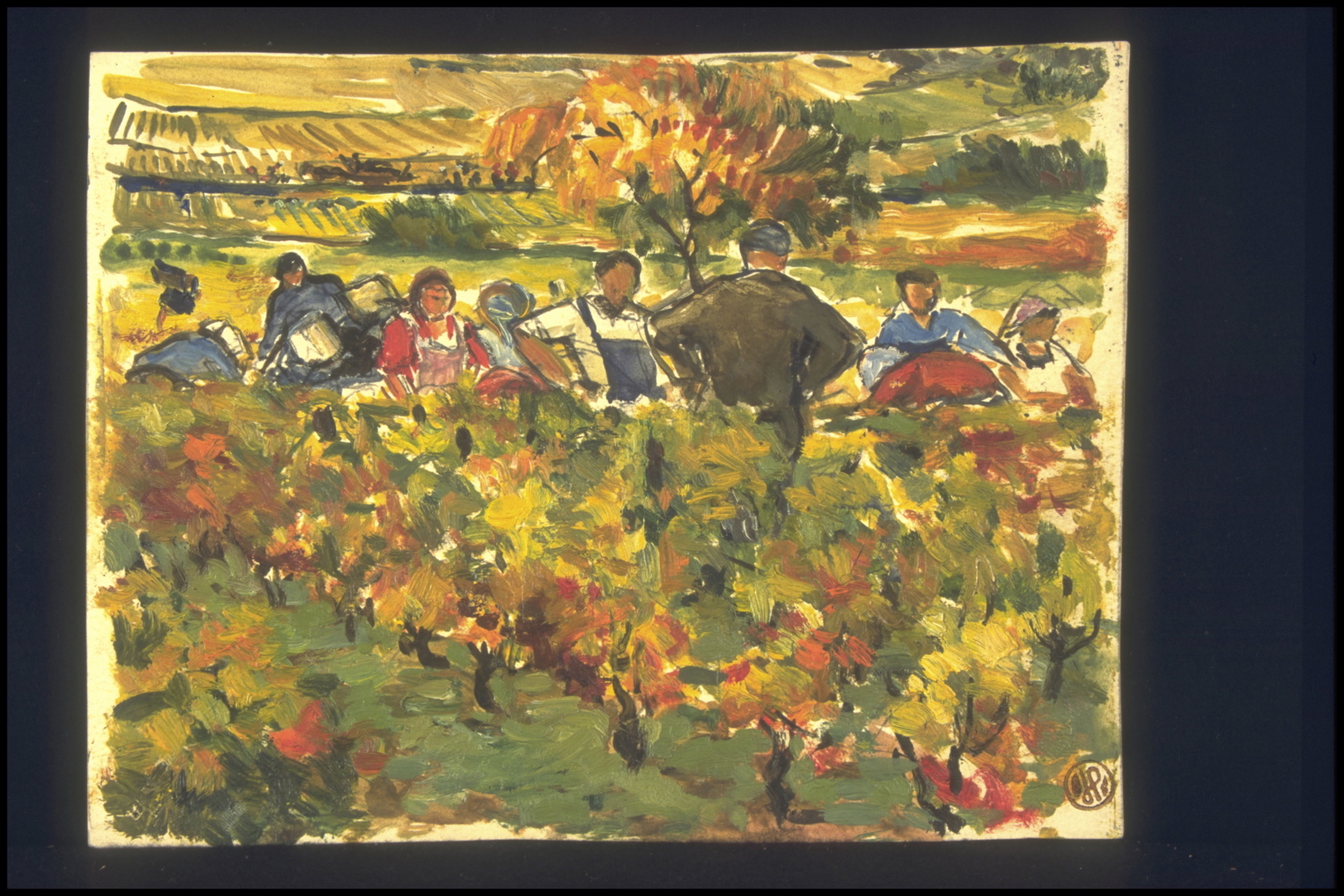 Automne vendanges, l’équipe de vendangeurs, fin de vendanges (titre inscrit, au verso), Jean François, 1953