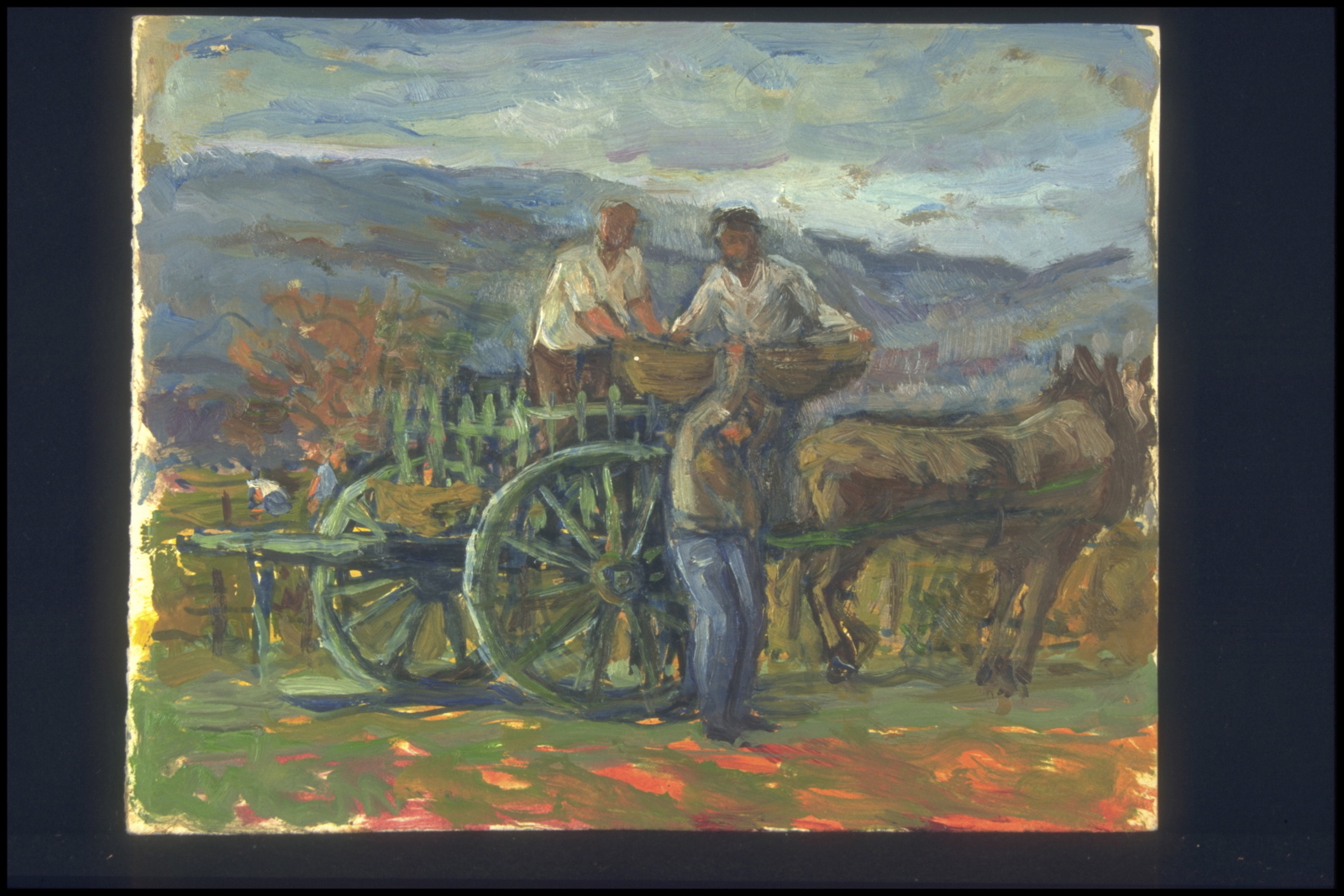 Automne vendanges, chargement des paniers (titre inscrit, au verso), Jean François