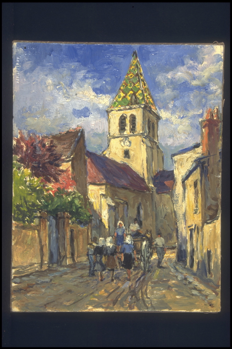 Couchey, clocher, retour de vendanges (titre inscrit, au verso), Jean François