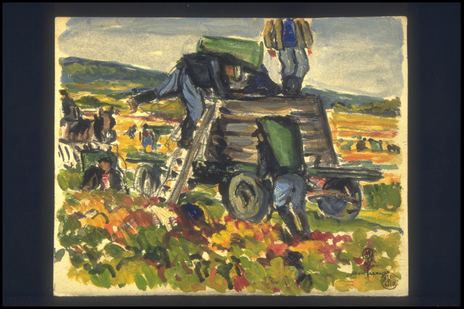 Automne vendanges, Porteurs de hottes et ballonge à Couchey (titre inscrit, au verso), Jean François