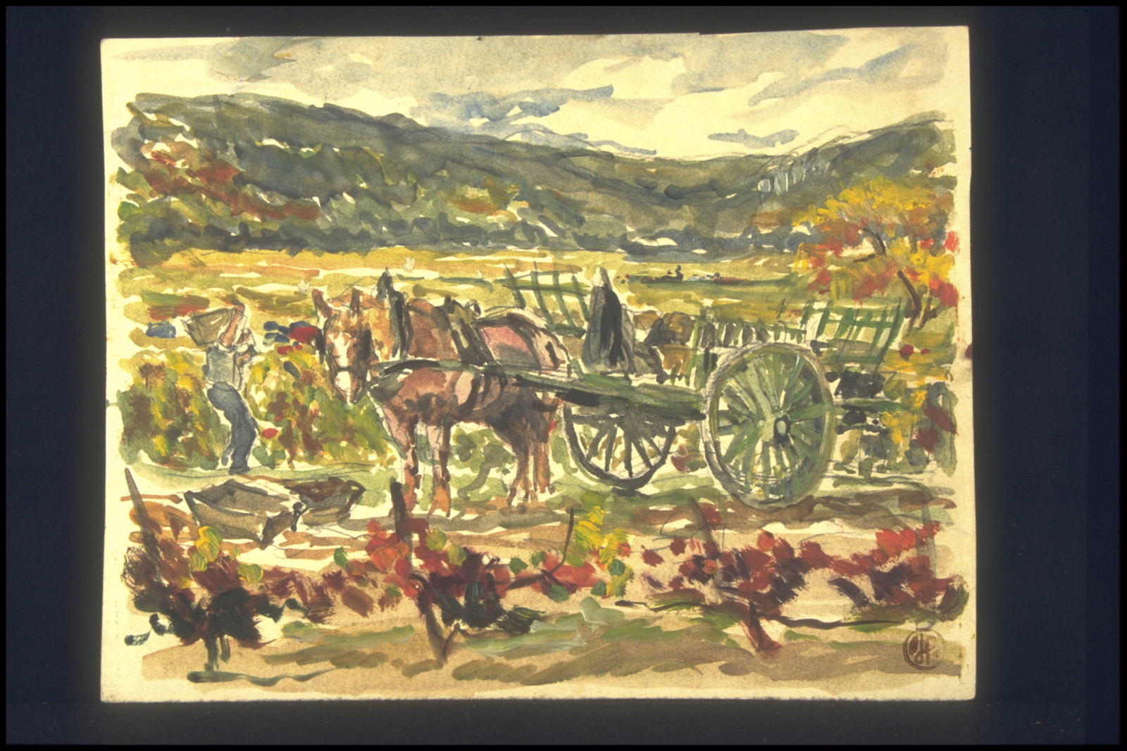 Automne vendanges, la charrette et les caisses (titre inscrit, au verso), Jean François, 1953