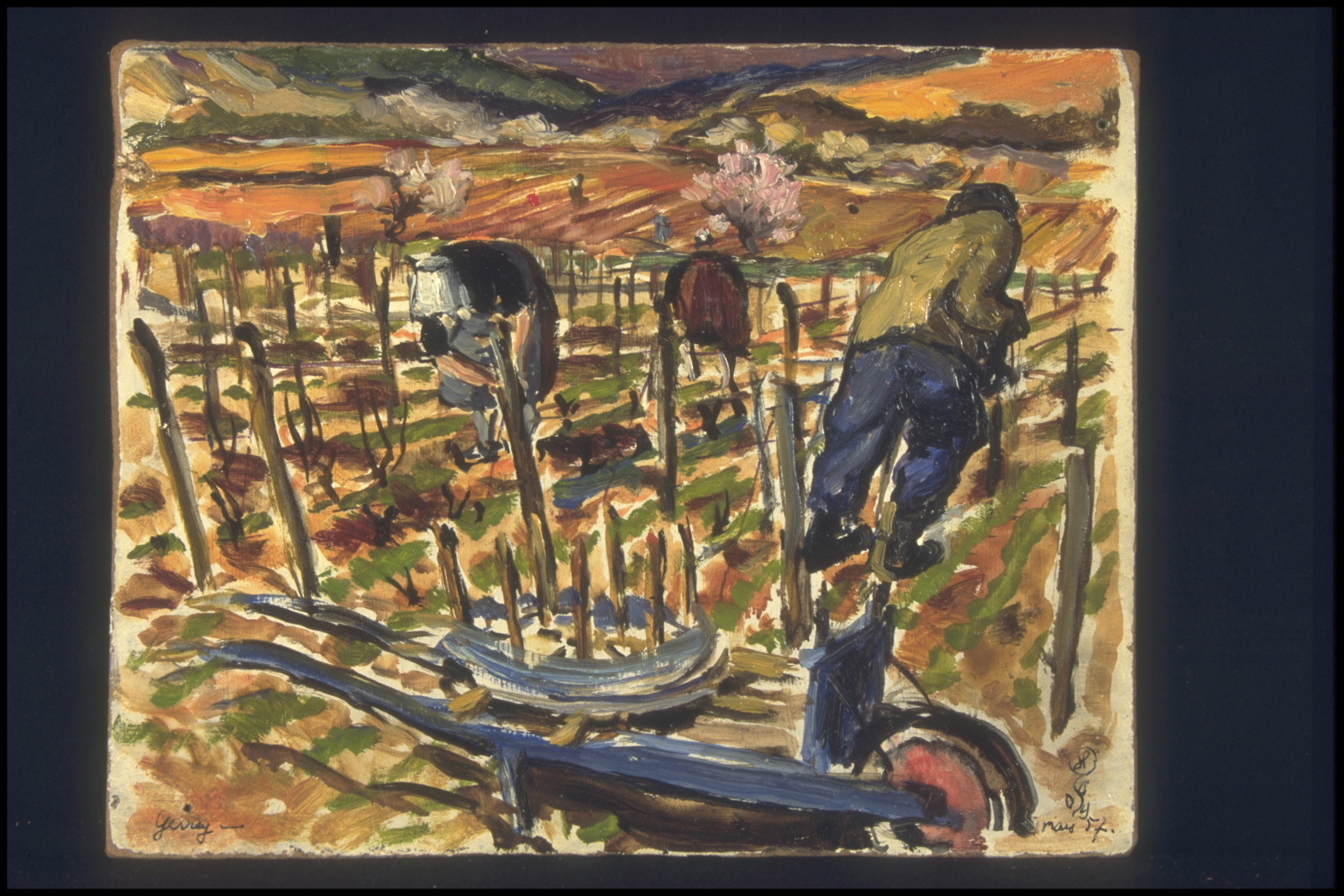 Printemps, Pose des fils de fer à Fixin (titre inscrit, au verso), Jean François, 1957