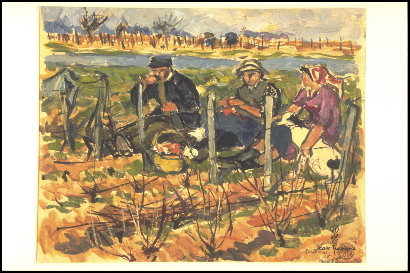 Hiver travaux, Marsannay la Côte, Le casse-croûte (titre inscrit, au verso), Jean François, 1955
