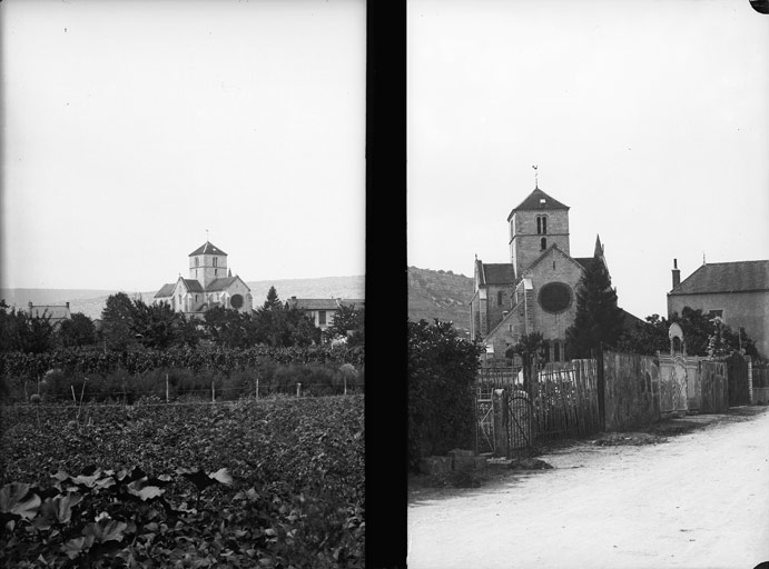 St Symphorien, 2 clichés : vue éloignée derrière les jardins et une vue plus rapprochée et chevet (titre usuel), Jules Misserey