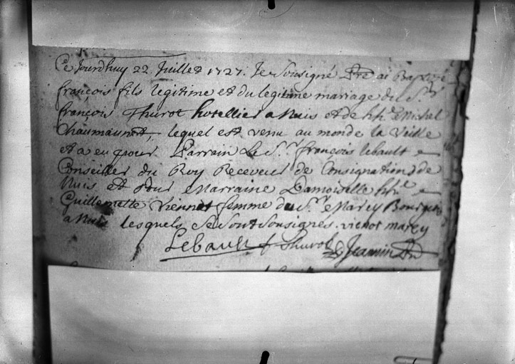 Acte de baptême de Fr. Thurot : (22 Juillet 1727) (titre usuel), Jules Misserey, 1ère moitié 20e siècle